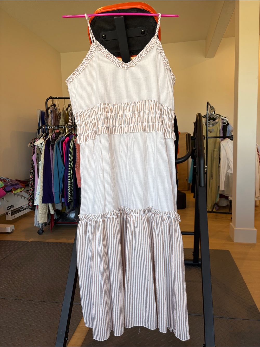 POL Cream Maxi Dress with Tan Pinstripes
